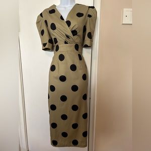 V-Neck Olive Midi Dress with Black Polka Dots